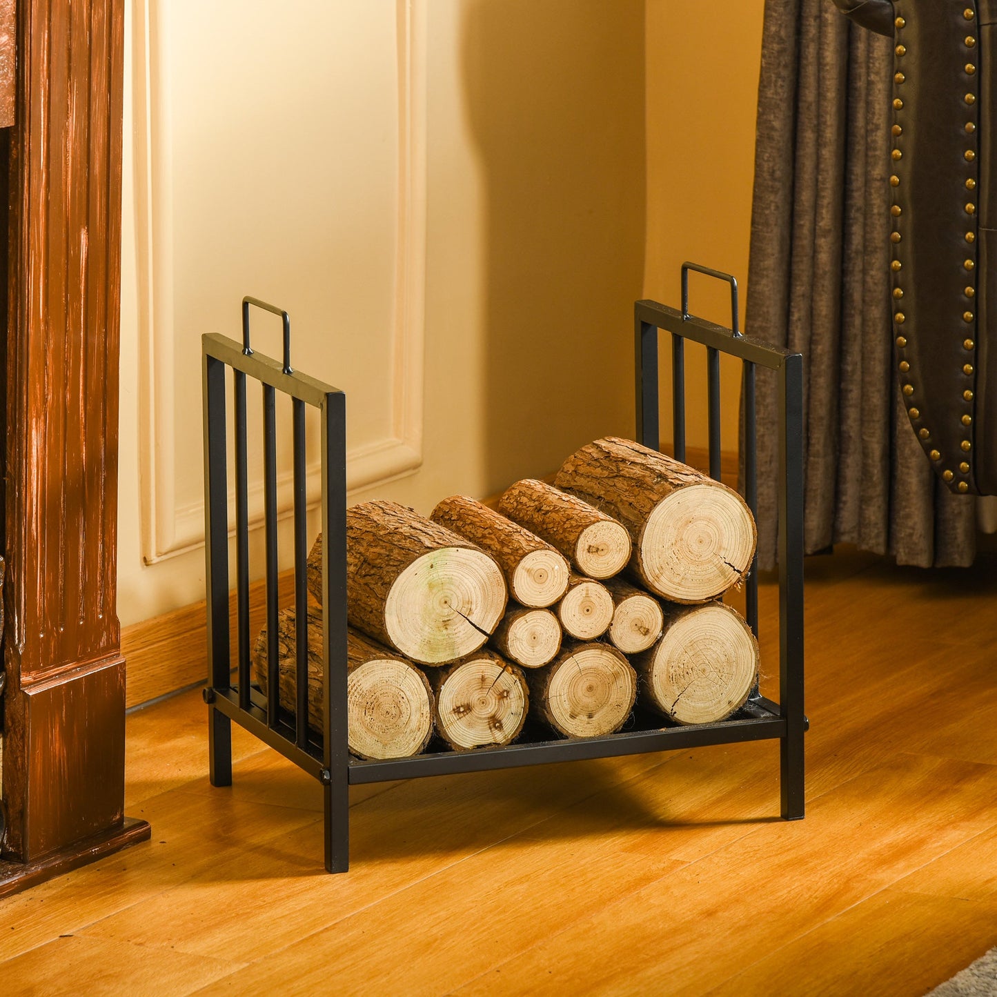 Firewood Log Rack with Handles Elevated Wood Storage Black-1