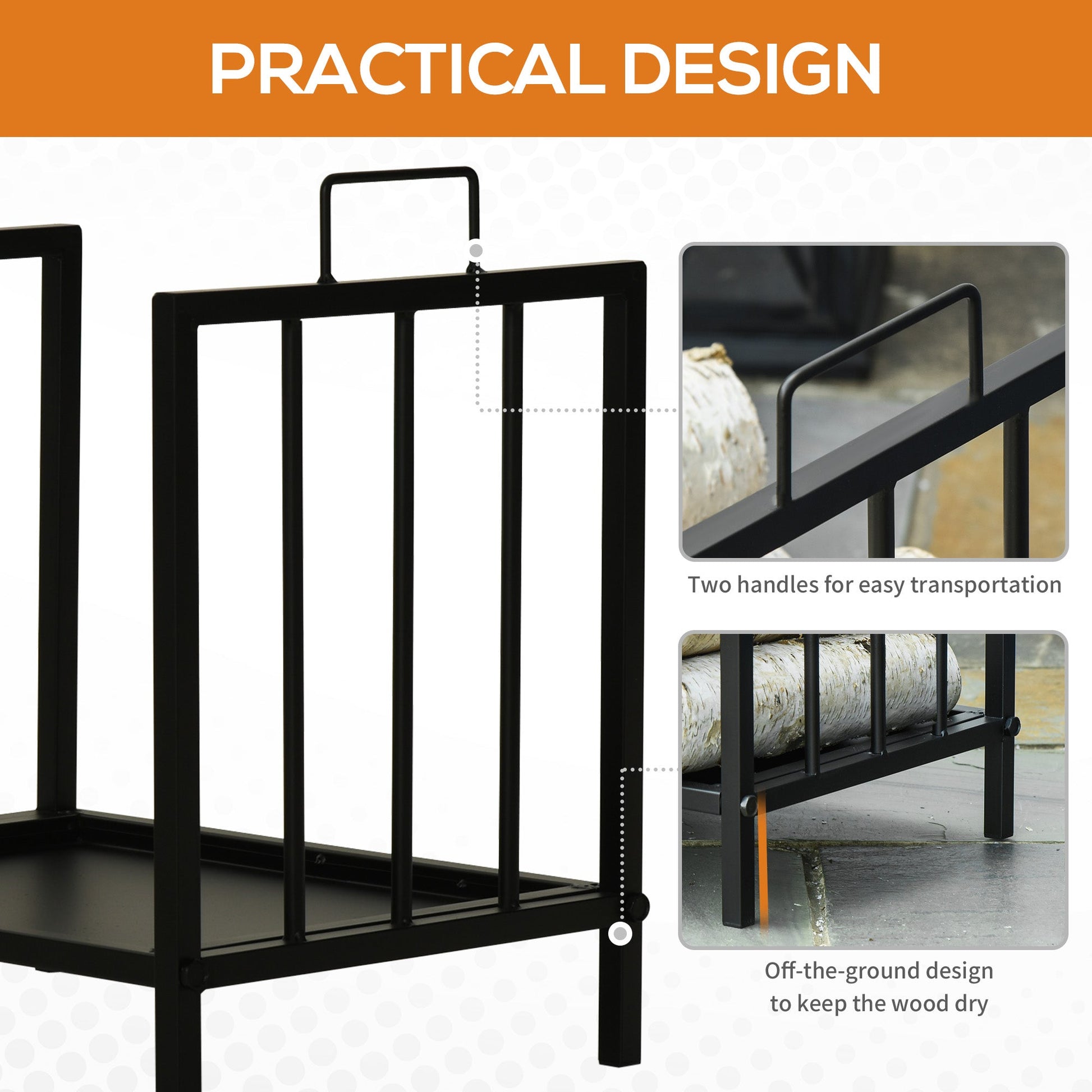 Firewood Log Rack with Handles Elevated Wood Storage Black-4