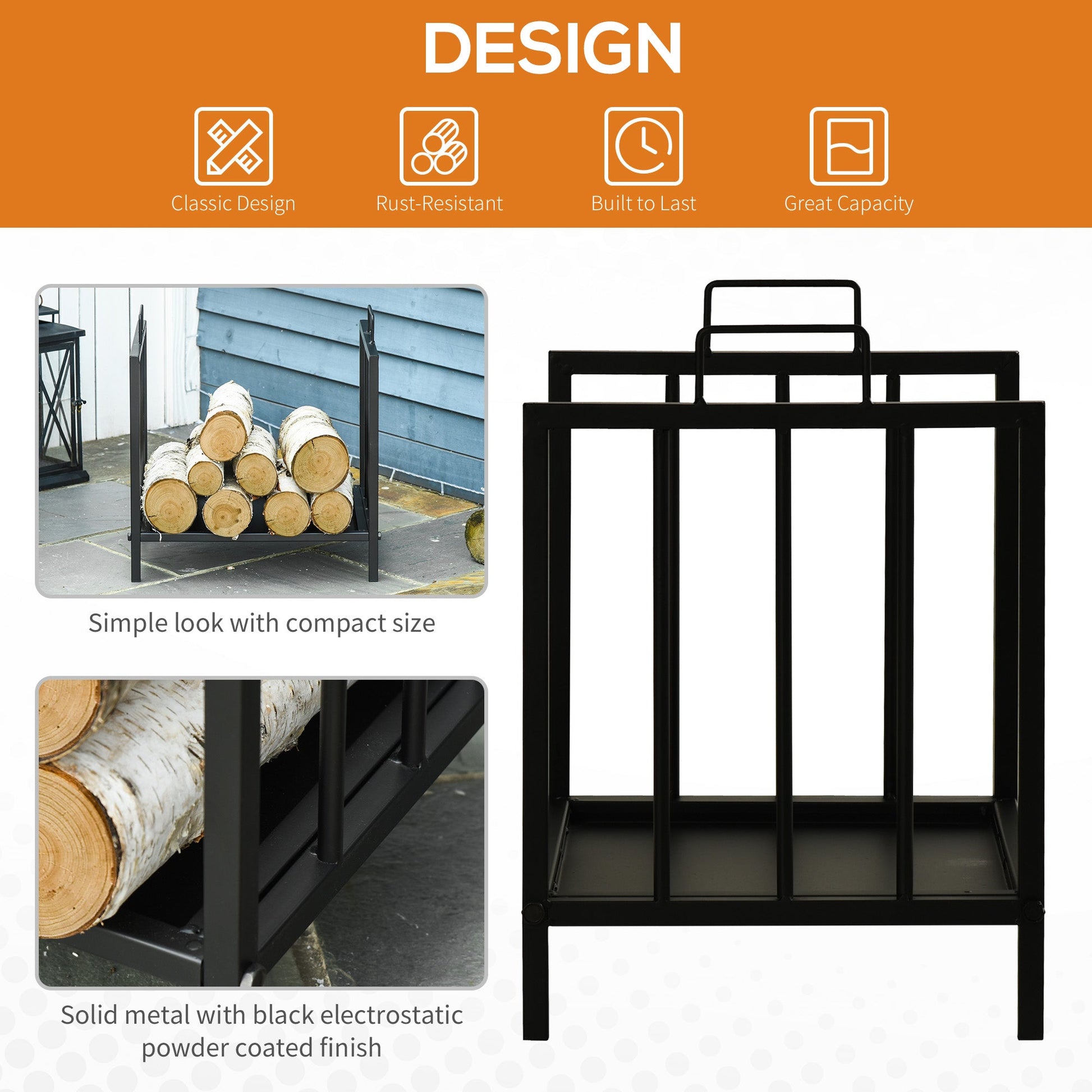 Firewood Log Rack with Handles Elevated Wood Storage Black-3